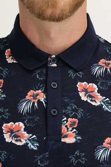 Orta Lacivert Polo Yaka Super Slim Fit Ekstra Dar Kesim Baskılı Pamuk Tişört