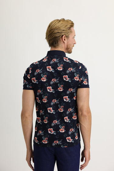 Orta Lacivert Polo Yaka Super Slim Fit Ekstra Dar Kesim Baskılı Pamuk Tişört