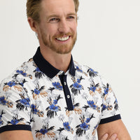 Beyaz Polo Yaka Super Slim Fit Ekstra Dar Kesim Baskılı Pamuk Tişört