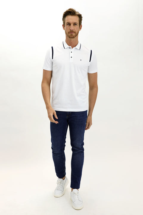 Beyaz Polo Yaka Slim Fit Dar Kesim Desenli Pamuk Tişört