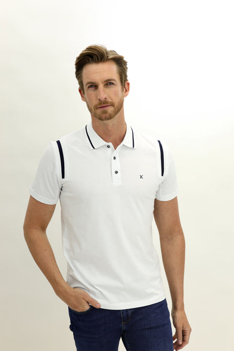Beyaz Polo Yaka Slim Fit Dar Kesim Desenli Pamuk Tişört