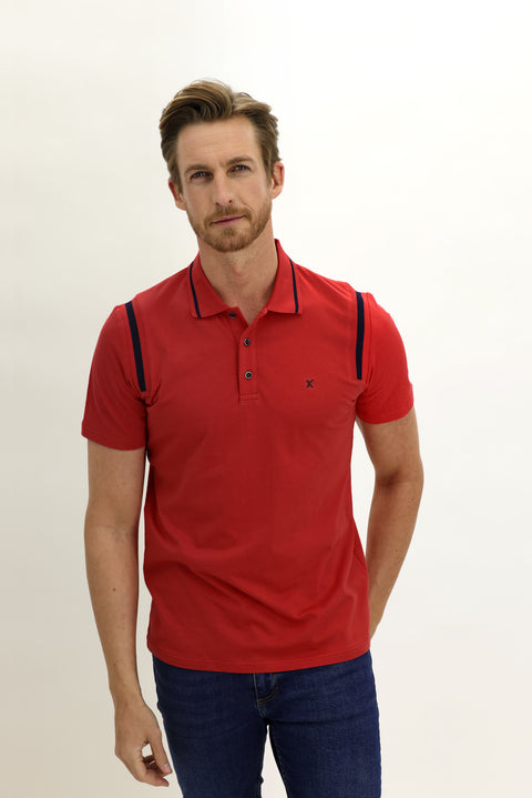 Açık Kırmızı Polo Yaka Slim Fit Dar Kesim Desenli Pamuk Tişört