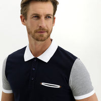 Koyu Lacivert Polo Yaka Slim Fit Dar Kesim Desenli Pamuk Tişört