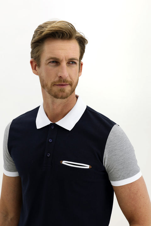 Koyu Lacivert Polo Yaka Slim Fit Dar Kesim Desenli Pamuk Tişört