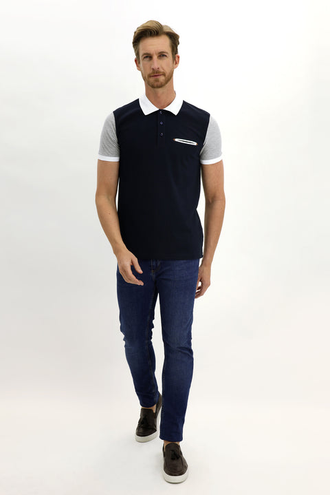 Koyu Lacivert Polo Yaka Slim Fit Dar Kesim Desenli Pamuk Tişört
