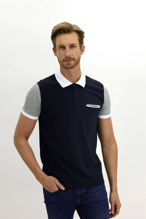 Koyu Lacivert Polo Yaka Slim Fit Dar Kesim Desenli Pamuk Tişört