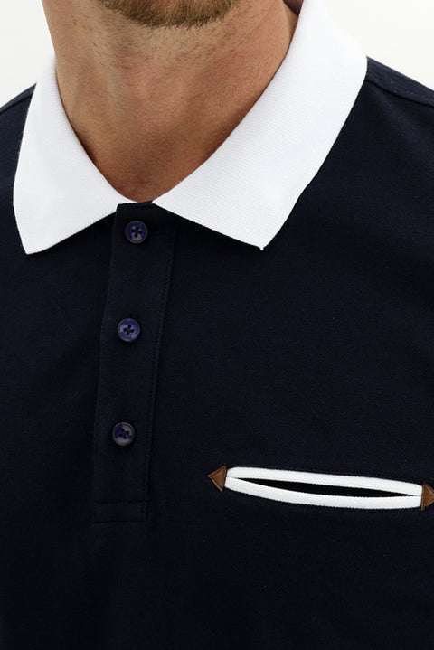 Koyu Lacivert Polo Yaka Slim Fit Dar Kesim Desenli Pamuk Tişört