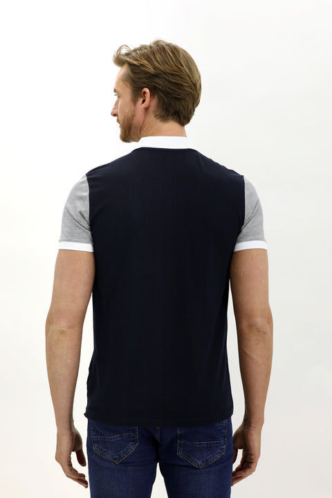 Koyu Lacivert Polo Yaka Slim Fit Dar Kesim Desenli Pamuk Tişört