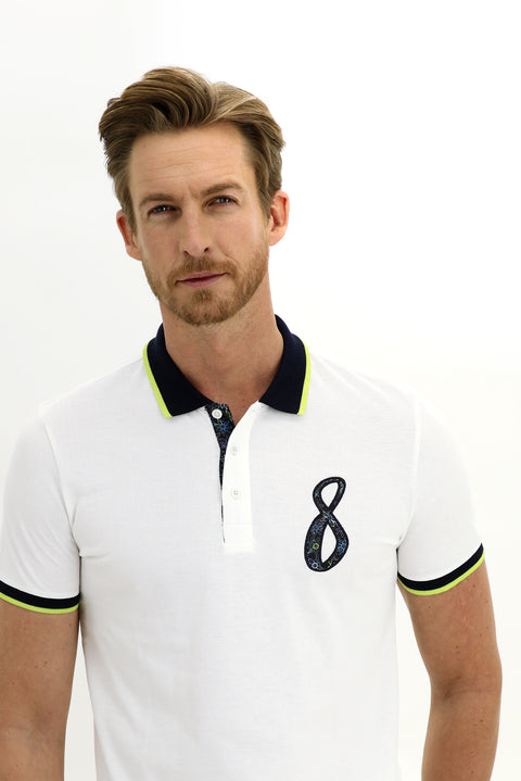 Ekru Polo Yaka Slim Fit Dar Kesim Desenli Pamuk Tişört