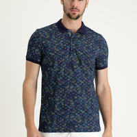 Orta Lacivert Polo Yaka Slim Fit Dar Kesim Desenli Pamuk Tişört