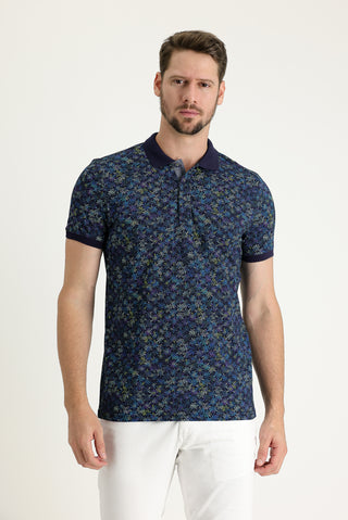  Orta Lacivert Polo Yaka Slim Fit Dar Kesim Desenli Pamuk Tişört