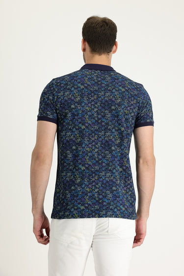 Orta Lacivert Polo Yaka Slim Fit Dar Kesim Desenli Pamuk Tişört