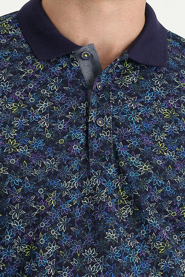 Orta Lacivert Polo Yaka Slim Fit Dar Kesim Desenli Pamuk Tişört