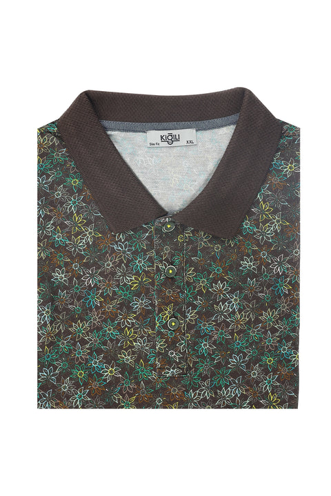 Orta Kahve Polo Yaka Slim Fit Dar Kesim Desenli Pamuk Tişört