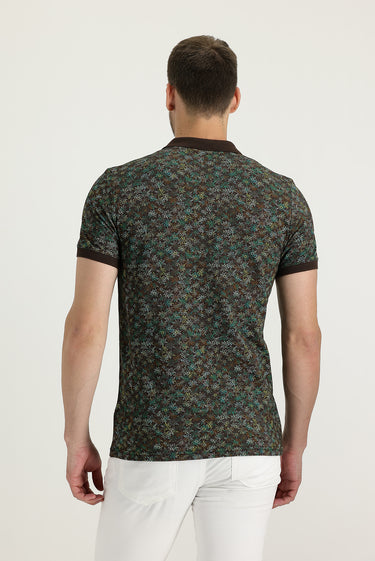 Orta Kahve Polo Yaka Slim Fit Dar Kesim Desenli Pamuk Tişört