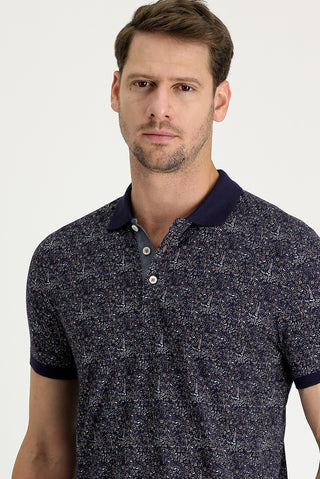  Orta Lacivert Polo Yaka Desenli Slim Fit Dar Kesim Pamuk Tişört