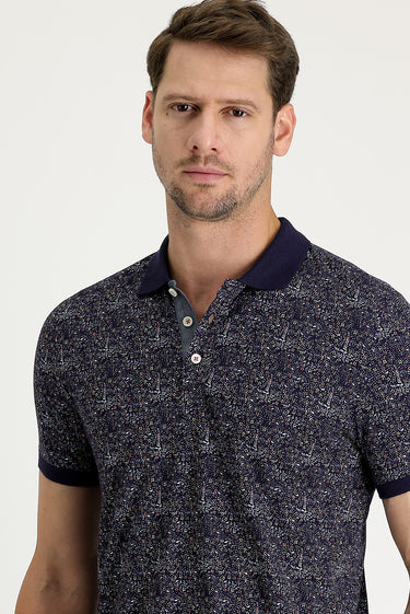 Orta Lacivert Polo Yaka Desenli Slim Fit Dar Kesim Tişört