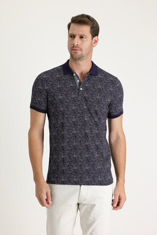  Orta Lacivert Polo Yaka Desenli Slim Fit Dar Kesim Pamuk Tişört