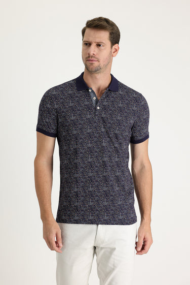 Orta Lacivert Polo Yaka Desenli Slim Fit Dar Kesim Tişört