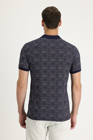  Orta Lacivert Polo Yaka Desenli Slim Fit Dar Kesim Pamuk Tişört