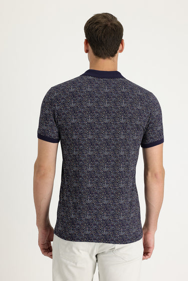 Orta Lacivert Polo Yaka Desenli Slim Fit Dar Kesim Tişört