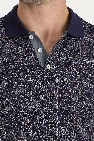 Orta Lacivert Polo Yaka Desenli Slim Fit Dar Kesim Tişört