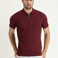 Koyu Bordo Polo Yaka Slim Fit Dar Kesim Fermuarlı Desenli Pamuk Tişört