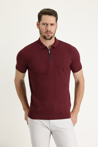  Koyu Bordo Polo Yaka Slim Fit Dar Kesim Fermuarlı Desenli Pamuk Tişört