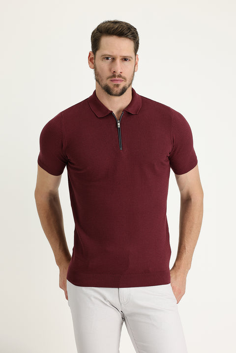 Koyu Bordo Polo Yaka Slim Fit Dar Kesim Fermuarlı Desenli Pamuk Tişört