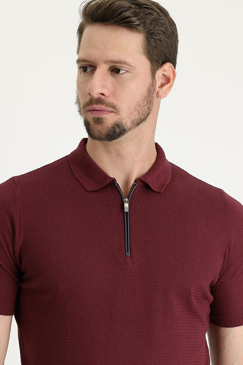 Koyu Bordo Polo Yaka Slim Fit Dar Kesim Fermuarlı Desenli Pamuk Tişört