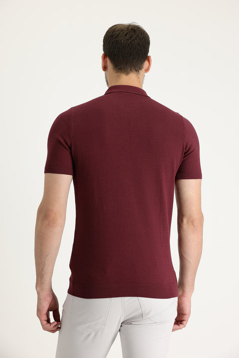 Koyu Bordo Polo Yaka Slim Fit Dar Kesim Fermuarlı Desenli Pamuk Tişört