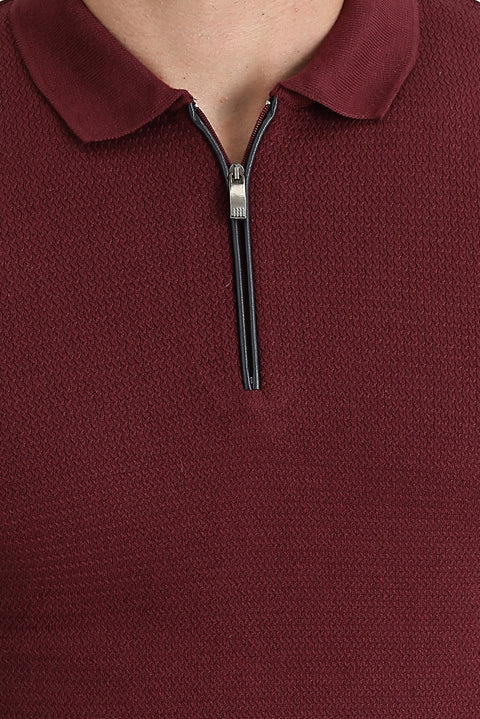 Koyu Bordo Polo Yaka Slim Fit Dar Kesim Fermuarlı Desenli Pamuk Tişört