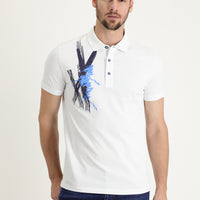 Beyaz Polo Yaka Slim Fit Dar Kesim Baskılı Pamuk Tişört
