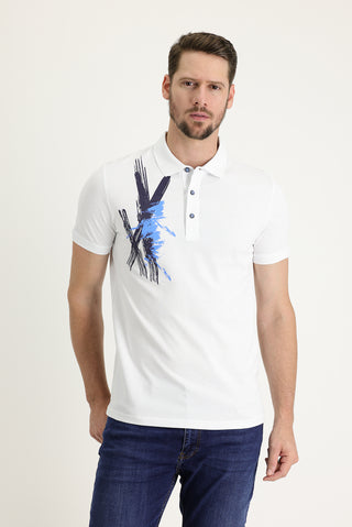  Beyaz Polo Yaka Slim Fit Dar Kesim Baskılı Pamuk Tişört
