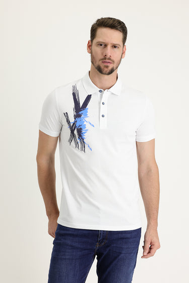  Beyaz Polo Yaka Slim Fit Dar Kesim Baskılı Pamuk Tişört
