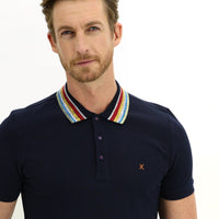 Koyu Lacivert Polo Yaka Slim Fit Dar Kesim Desenli Tişört