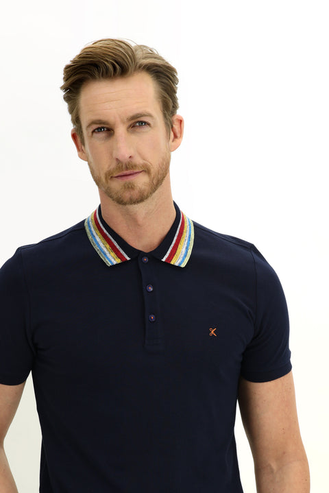 Koyu Lacivert Polo Yaka Slim Fit Dar Kesim Desenli Tişört