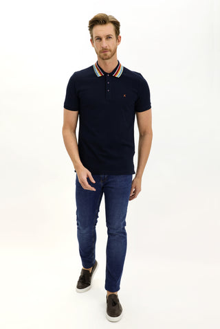  Koyu Lacivert Polo Yaka Slim Fit Dar Kesim Desenli Tişört