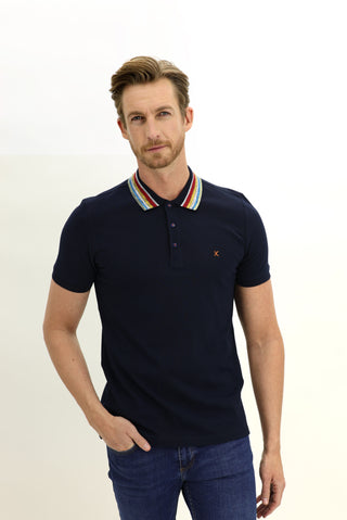  Koyu Lacivert Polo Yaka Slim Fit Dar Kesim Desenli Tişört