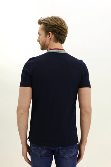 Koyu Lacivert Polo Yaka Slim Fit Dar Kesim Desenli Tişört