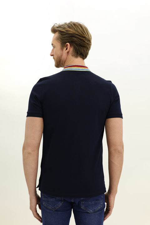 Koyu Lacivert Polo Yaka Slim Fit Dar Kesim Desenli Tişört