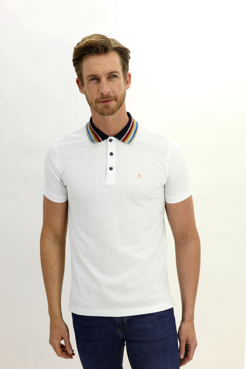 Beyaz Polo Yaka Slim Fit Dar Kesim Desenli Tişört