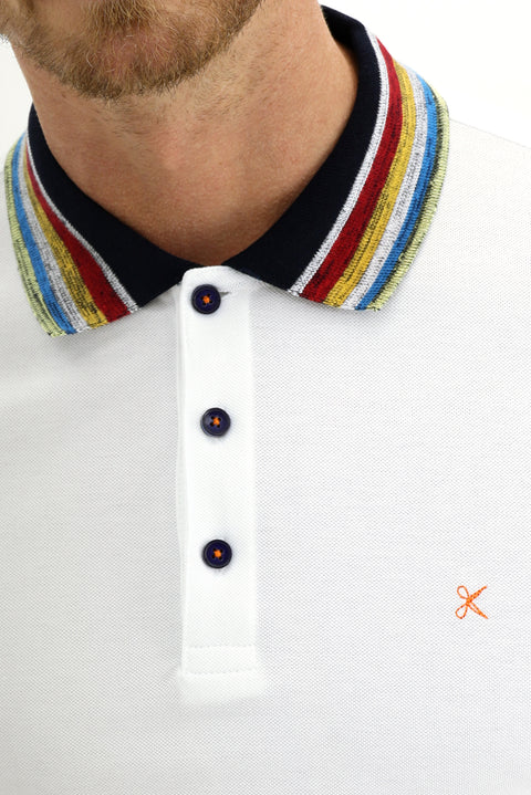 Beyaz Polo Yaka Slim Fit Dar Kesim Desenli Tişört