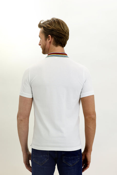 Beyaz Polo Yaka Slim Fit Dar Kesim Desenli Tişört