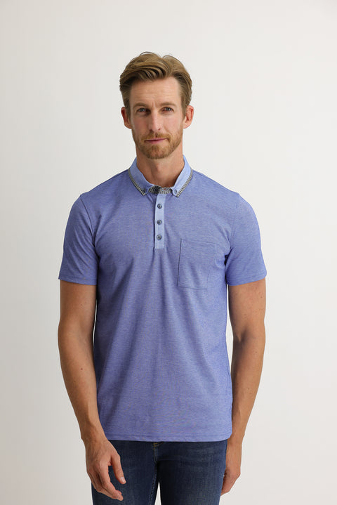 Saks Mavi Cepli Polo Yaka Slim Fit Dar Kesim Tişört