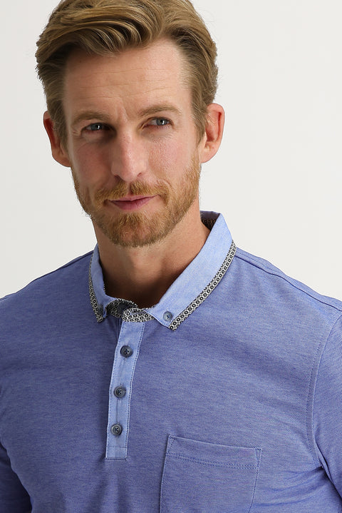 Saks Mavi Cepli Polo Yaka Slim Fit Dar Kesim Tişört