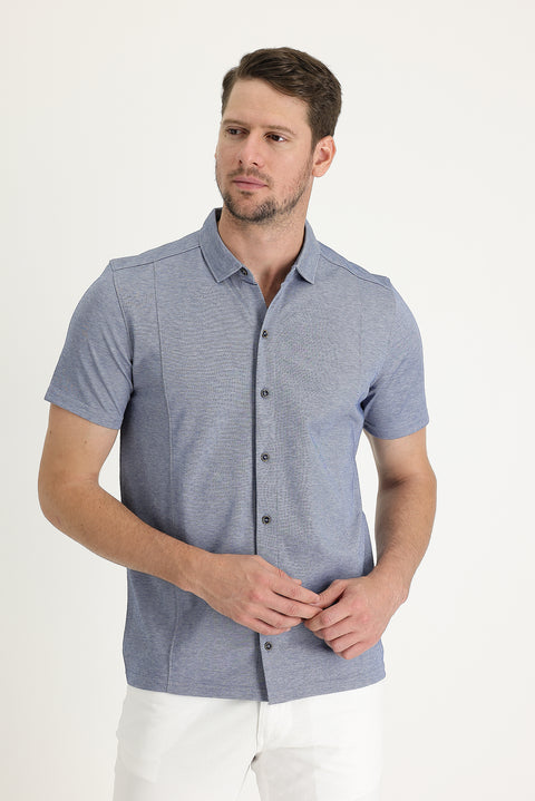 Orta Lacivert Yarım İtalyan Yaka Slim Fit Dar Kesim Tişört