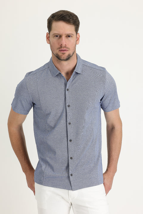 Orta Lacivert Yarım İtalyan Yaka Slim Fit Dar Kesim Tişört