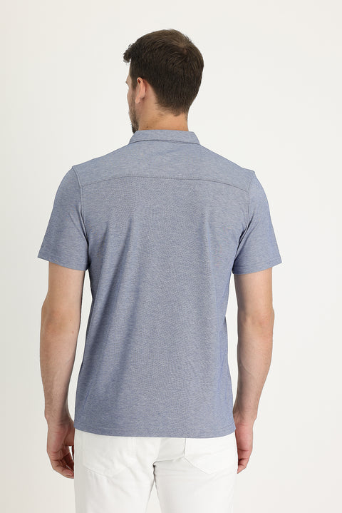 Orta Lacivert Yarım İtalyan Yaka Slim Fit Dar Kesim Tişört