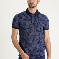 Orta Lacivert Polo Yaka Slim Fit Dar Kesim Baskılı Tişört